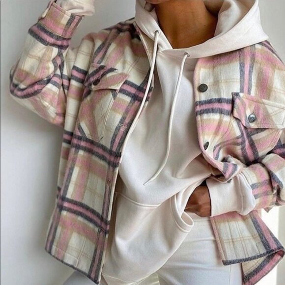 Zara Pink Off White Gray Tan Plaid Wool Blend Oversized Shacket Shirt Jacket S - Picture 4 of 7